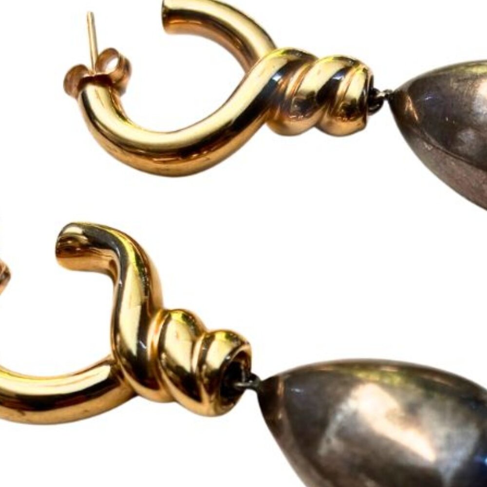 Vintage Jil Sander 14K Twisted Gold and Pearl Drop Hoop Earrings - Picture 7 of 7